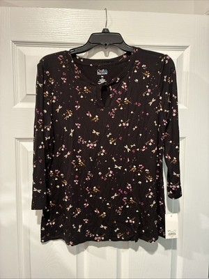 Croft & Barrow Women's Petites Classic Black Floral  3/4 Sleeve Top Size PM/NWT
