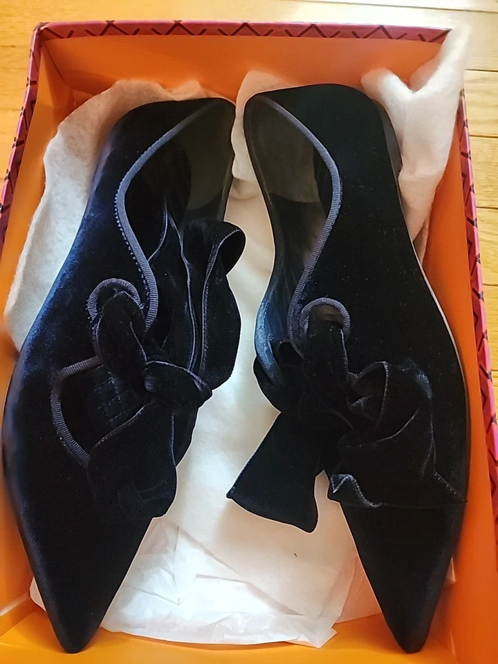 Tory Burch Clara темно-синий острый носок бархата с бантом плоский туфли Sz 10,5 $348 - Изображение 3 из 4