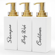 Refillable Shampoo and Conditioner Bottles, 16oz White and Gold Soap Dispense...