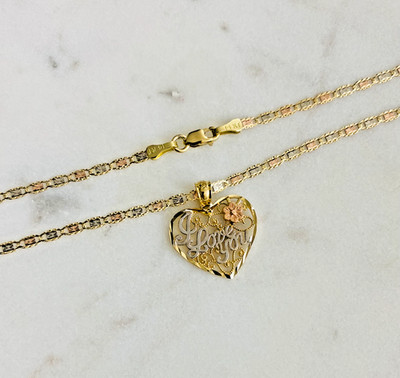 14K Solid 3T Gold Heart Flower Pendant 20'' Mariner Chain - I Love You - PT2377