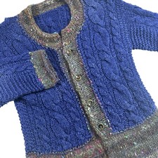 Hand Knit Wool Cableknit Cardigan Sweater Womens M/L Blue Gray Handmade