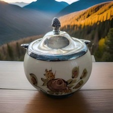 Antique WMA Rogers Silver Plate & Milk Glass Signed Enamel Floral Tea Caddy Jar