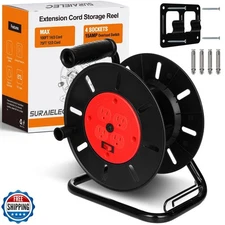 SURAIELEC Extension Cord Storage Reel, 15 A Overload Switch, 4 Outlets, Holds