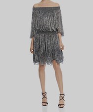 NEW $190 Halston Heritage Women Gray Metallic Off-Shoulder Pleated Dress Size L