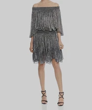 NEW $190 Halston Heritage Women Gray Metallic Off-Shoulder Pleated Dress Size L