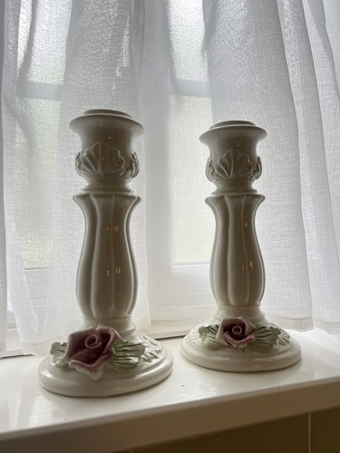 White Capodimonté Candlesticks 2 Made in Italy Beautiful Farmhouse Decor - Picture 3 of 8