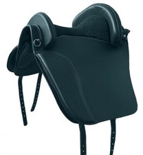 Baumloser spanischer Sattel Catalana schwarz, mit weißen Nähten