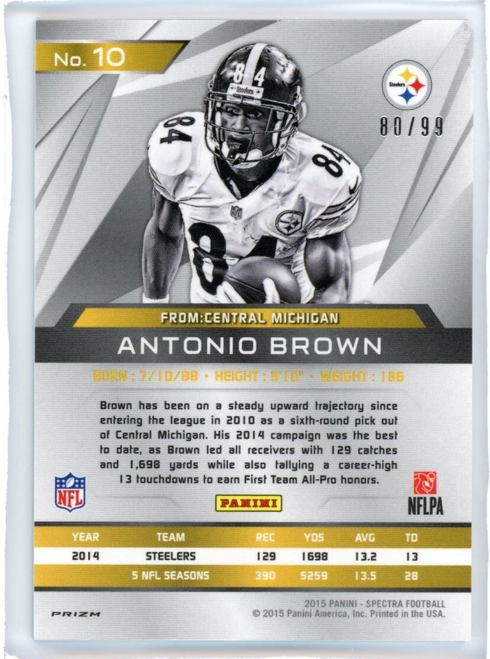 2015 Panini Spectra Football #10 Antonio Brown Silver Prizm NM-MT 80/99 Steelers - Image 2 of 2