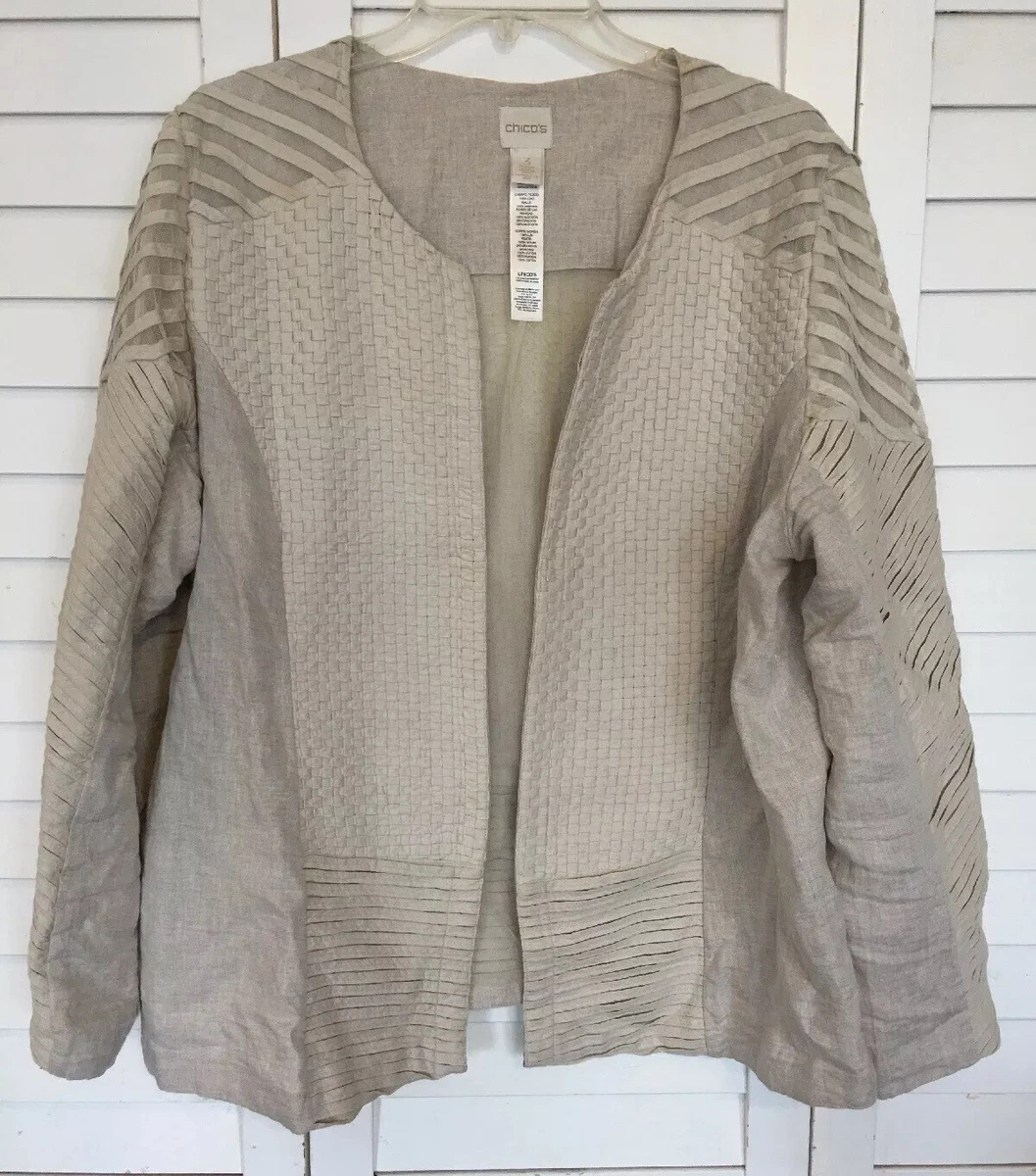 Chicos Womens Size 3 Beige Cardigan Sweater Woven Linen Blend Mesh Panel