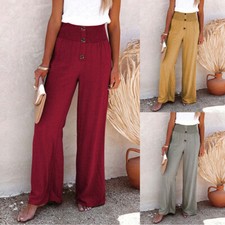 Women Straight Trousers Summer Wide Leg Pants Elasticated Waist Casual Bottoms