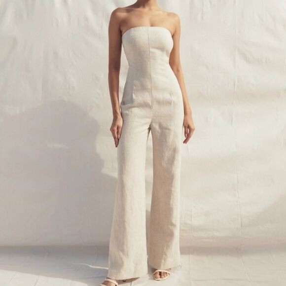 Reformation Jude Linen Wideleg Jumpsuit Oatmeal Size… Gem