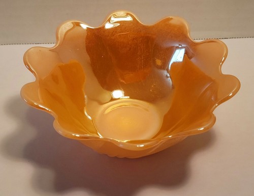 Vintage Pfirsich Fire-King Glanzgeschirr Dessertschale Schüssel und Untertasse gewellte Kanten - Bild 6 von 9