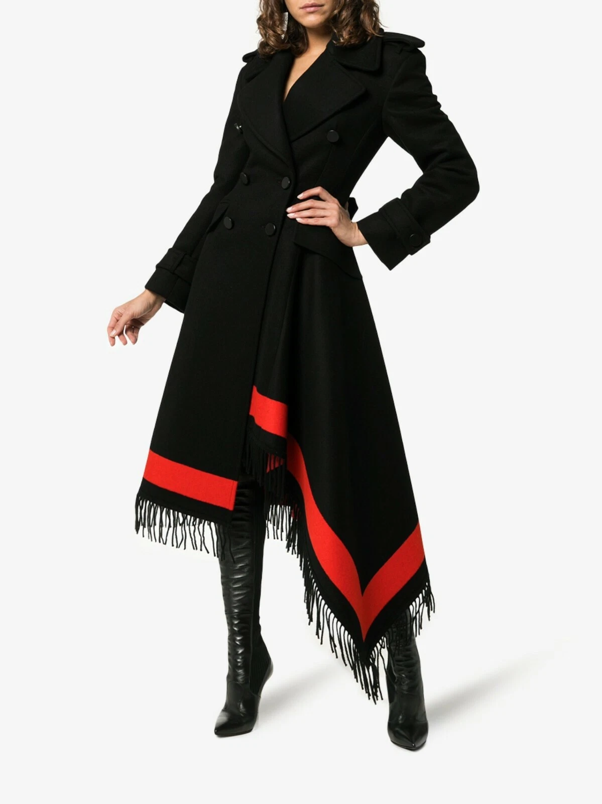 $7290 NUOVO Alexander McQueen rosso nero orlo frange coperta cappotto abito 40 militare