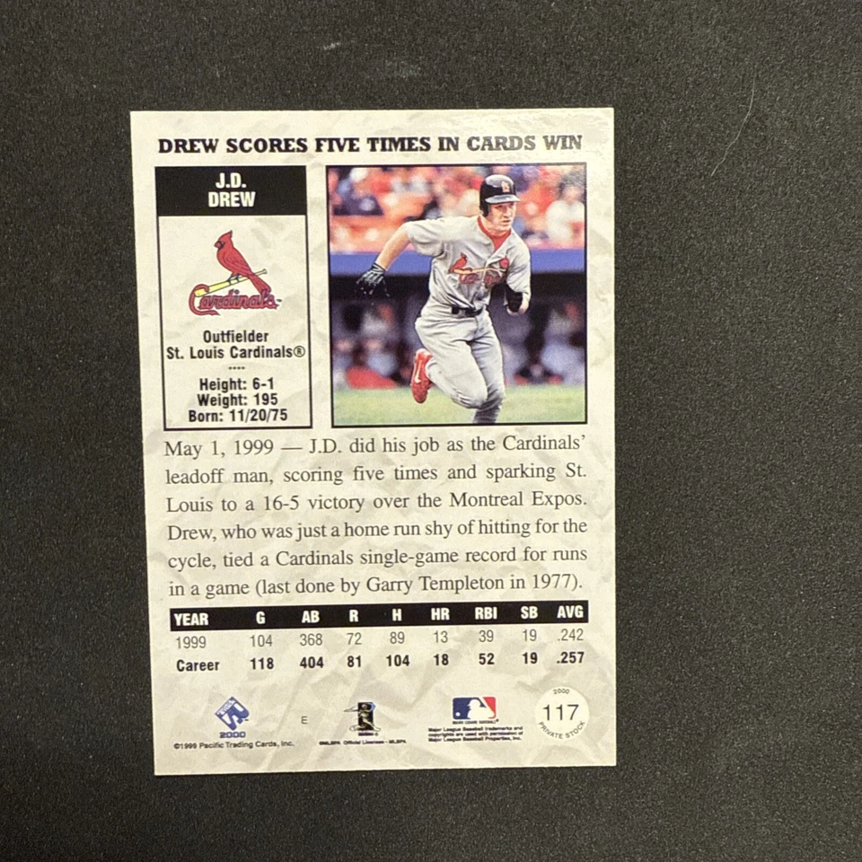 2000 Pacific Private Stock Gold Portraits  JD Drew #117 - Image 2 of 2