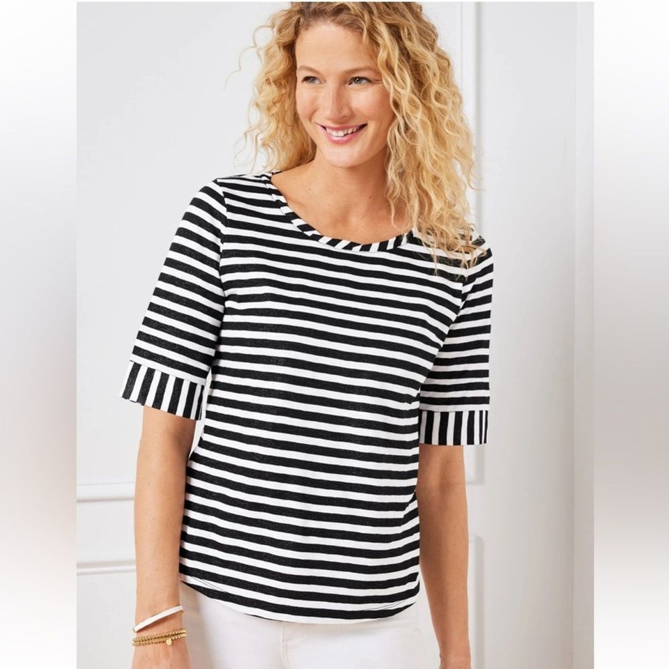 Talbots top tee women’s Large navy white stripes nautical shirt comfort