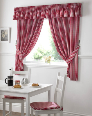 Gingham Karo Küchenvorhänge, kostenlose Raffbänder, Riemen verfügbar 