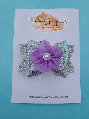 Purple Glitter Floral Flower Hair Bow Stacked Handmade Boutique