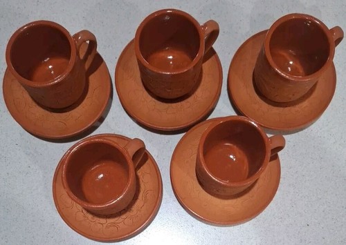Espresso Coffee Cups x5 Terracotta Clay Handmade 'Moses' Cyprus Floral Vintage  - Picture 5 of 11