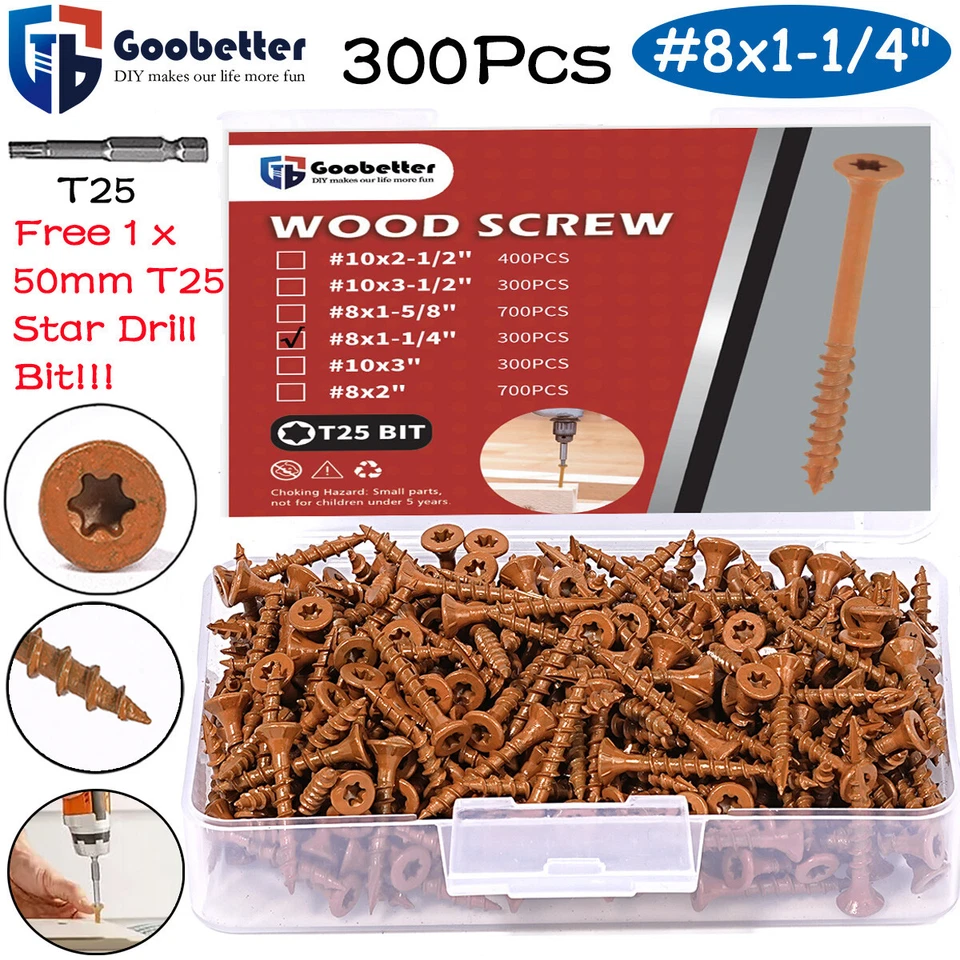250~1000PCS Torx Star Flat Head Screw #8 #10 Outdoor Wood Screw T25 Star Bit Set - Image 3 of 4