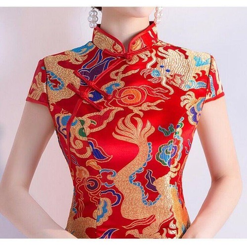 Red Chinese Traditional Wedding Cheongsam Women Embroidery Ball Gown Qipao Dress - Picture 10 of 13