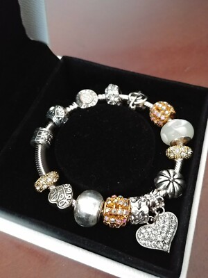 PANDORA Signatureシルバー　14K ブレスレット Authentic Pandora 14K SSilver CZ Signature Charm Bracelet+