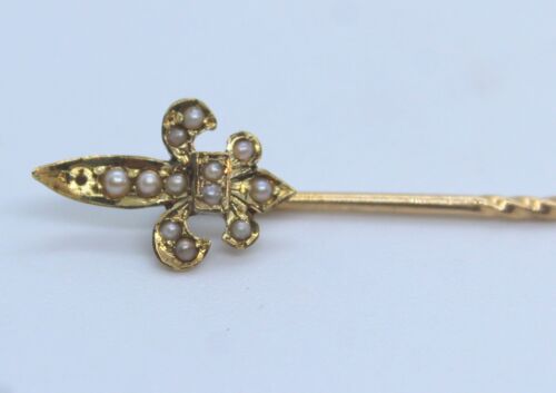 Antike 14k Gelbgold Perlen Fleur de Lis Stecknadel - Bild 4 von 11