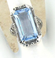 ART DECO DESIGN ANTIQUE STYLE 925 STERLING SILVER 8 CARAT AQUA BLUE RING 324