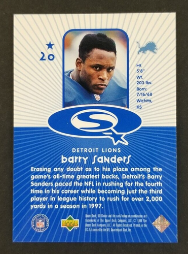 Barry Sanders 1998 Upper Deck Star Quest Football Card #20 (NM) - Picture 2 of 2