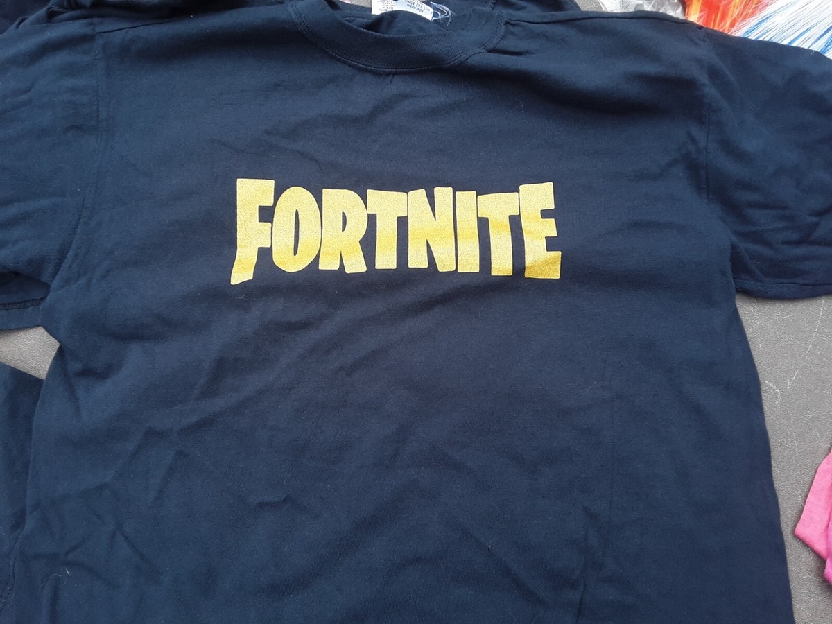 NWOT Fortnite Boys TShirt Medium Blue GOLD Graphic Game CUSTOM BAG409