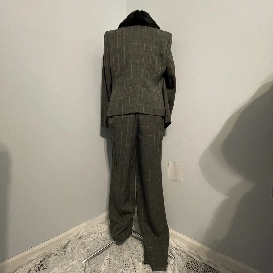 Traje pantalón vintage Deadstock Amanda Smith gris cuello de piel a cuadros talla 8 Foto 3 de 4