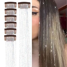 Heat Resistant Silver Hair Tinsel Extension Kit 23.6 Inch Glitter Clip in Fairy