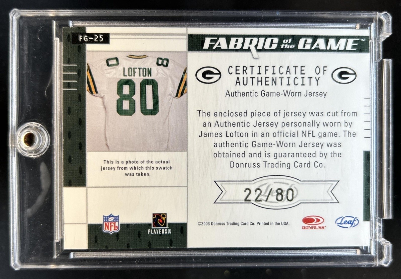2003 Leaf Certified Materials James Lofton Fabric of Game GU Jersey Auto #/80 view 2