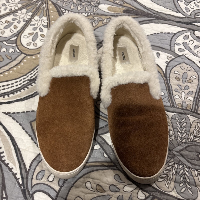 Birdies Swift Sequoia Brown Suede Faux Fur Trim Flats 8