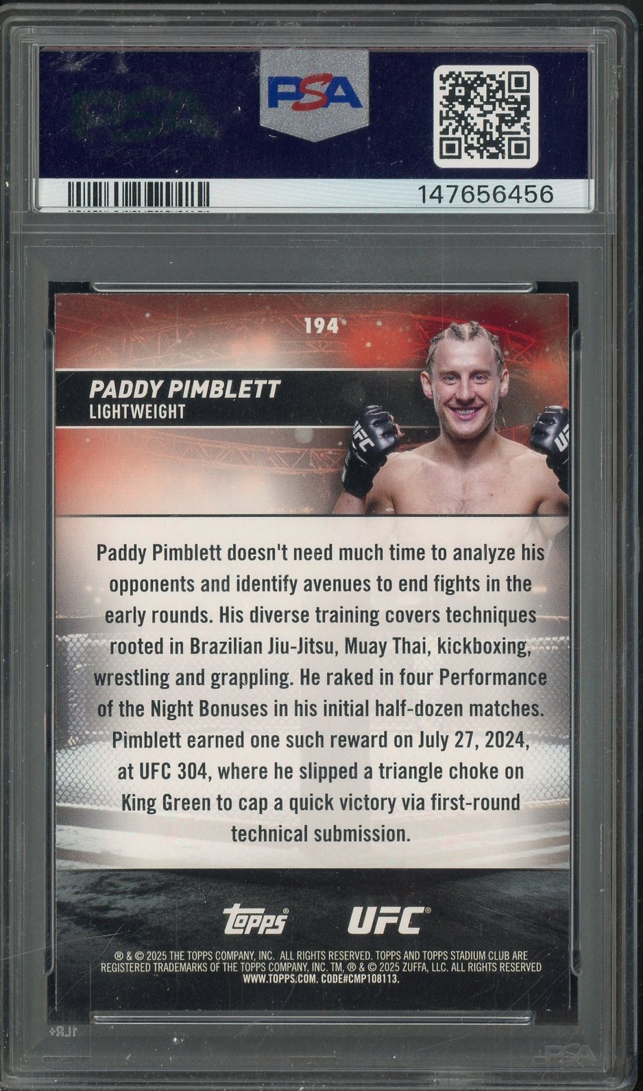 2025 Stadium Club UFC Red Foil #194 Paddy Pimblett PSA 9 MINT view 2