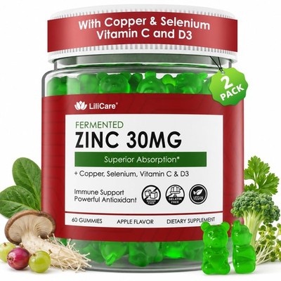 Zinc Gummies + Copper, Selenium, Vitamin C & D3, 60 Count (Pack of 2)