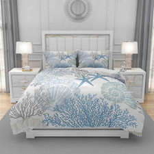 Duvet Cover Set King Size, Blue Nautical Coastal Starfish 3 Piece Bedding Duvet