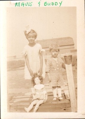 Antique Vintage Sepia Photo Children Mavis & Buddy with Doll 5672