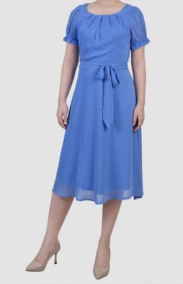 NY Collection Women's Blue Swiss-Dot Scoop Neck Self-Tie Dress Petite Size: PL