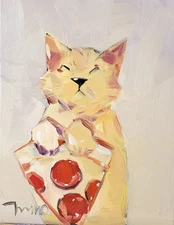 Cat Pizza Modern 16x20 Expressive Art PRINT Painting by Artist Jose Trujillo