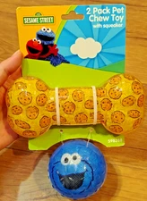 Sesame Street 2 pack Dog Chew Toy Squeaky Ball And Bone Cookie Monster Video
