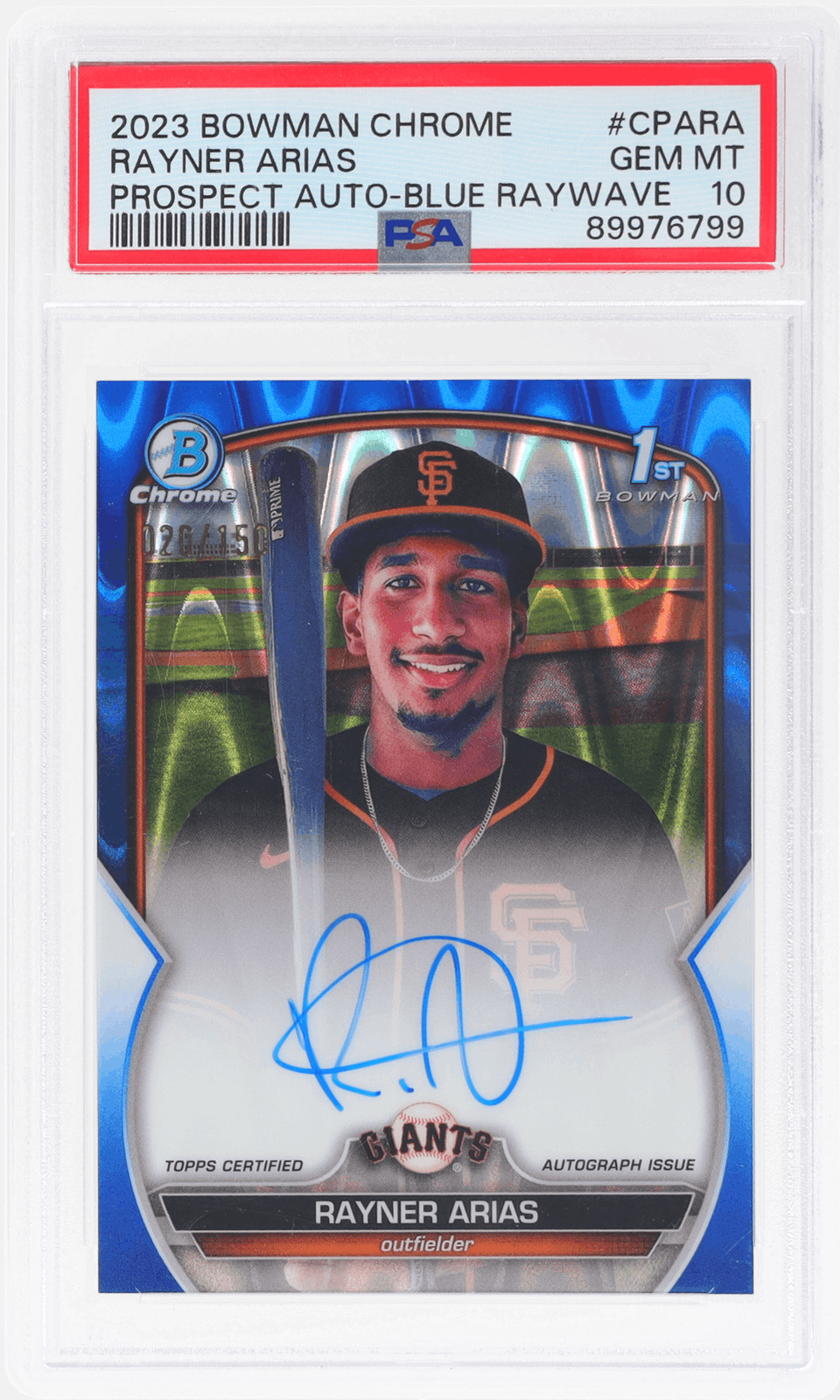 2023 Bowman Chrome Rayner Arias Prospect Auto Blue Raywave #CPARA /150 PSA 10