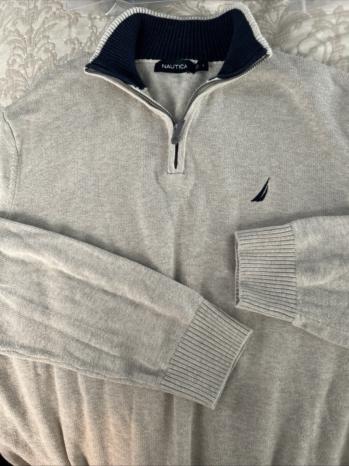 Nautica Sweater Men's Large Oatmeal 1/4 Zip Navtech Preppy Pullover Stand Collar