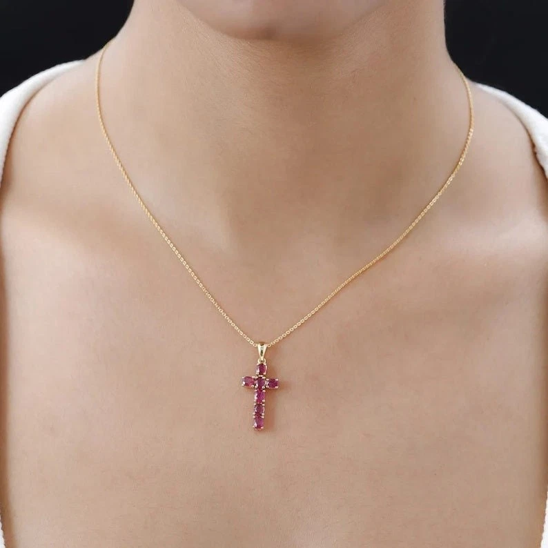 925 Silver Lab Grown Crosse Necklace July Birth Stone Pendant Wedding Women Gift - Image 3 of 3