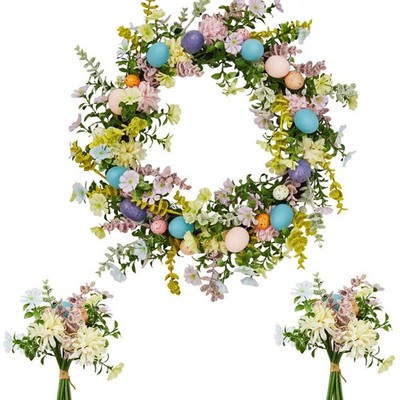 Easter Wreath for Front Door   18in Spring Flower Wreath with Easter Eggs & L...