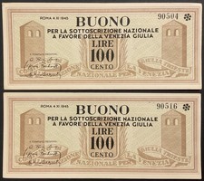 100 LIRE 1945 VOUCHER SUBSCRIPTION NAZ. FAVORE VENICE GIULIA RIVER POLA ZARA