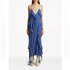 KHAITE Pim Ruffle-Trim Silk Midi Dress in Blue Iris NWT $2400 Size 2