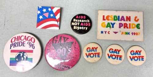 Vintage historical gay LGBTQ rights buttons - NYC Pride 87, Chicago 96, Gay Vote