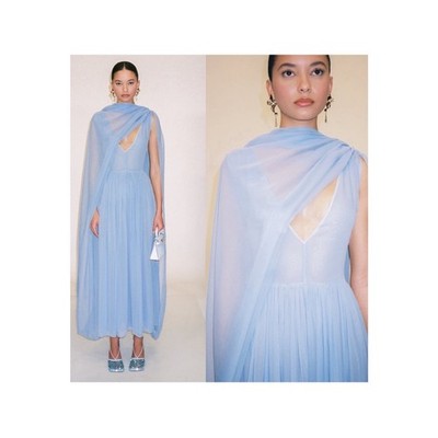 HELSA Sabine Silk Cape Overlay Chiffon Sheer Hydrangea Blue Midi Dress Size L