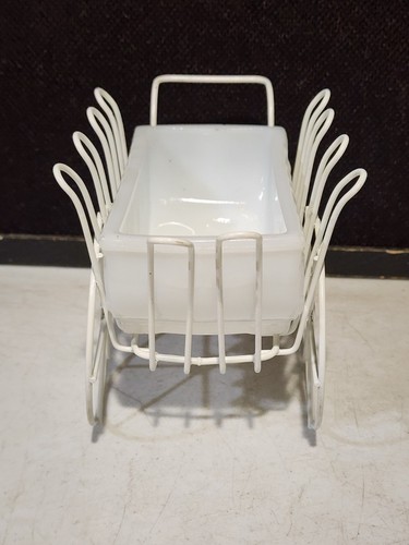 Akro Agate White Wire WAGON Metal PLANTER Stand w/ WHITE Slag Glass Flower Pot - Picture 4 of 6