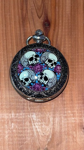 Skull & Roses Pocket Watch - Gothic Purple Floral Skeleton Charm Halloween Gift